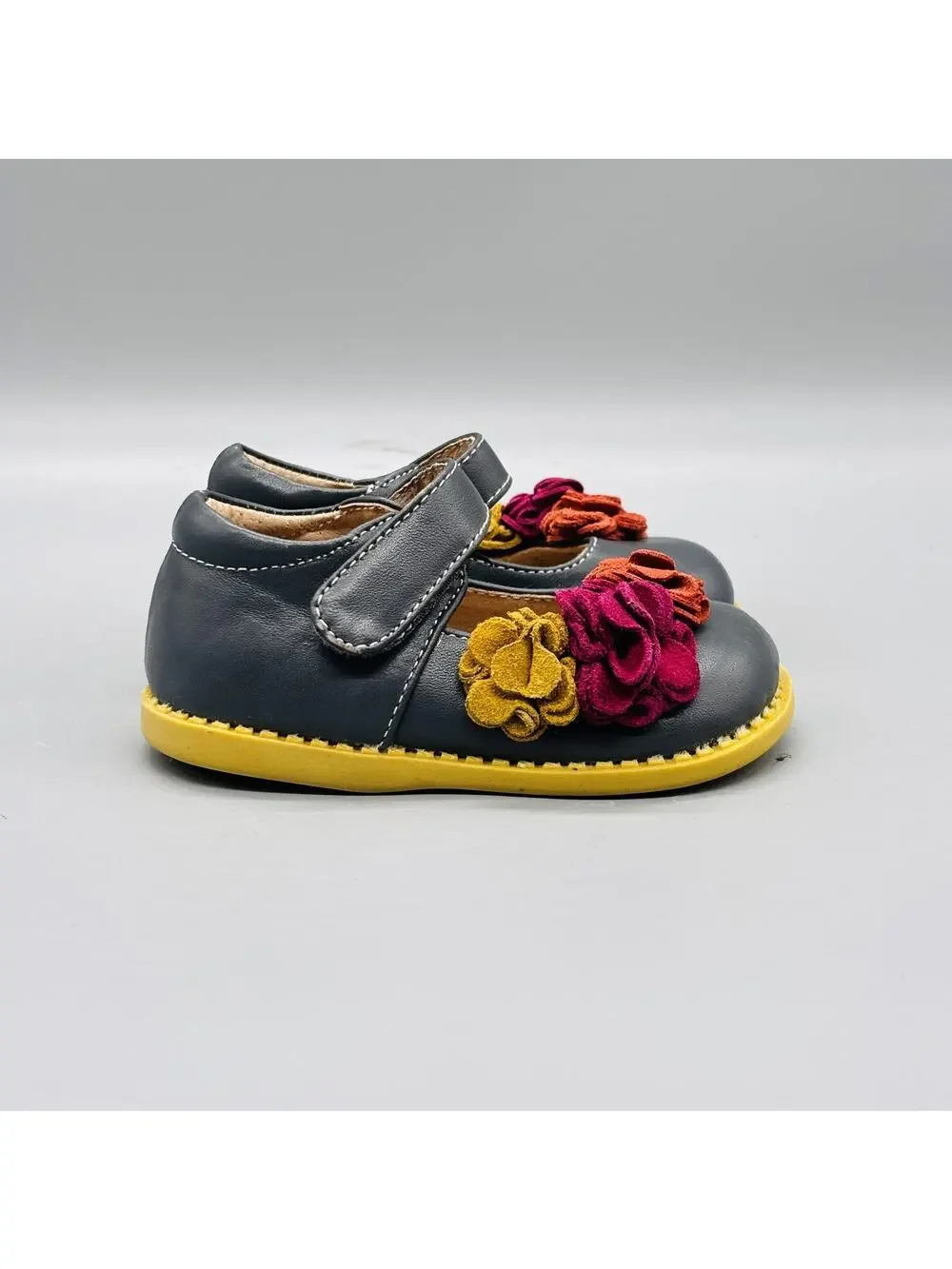 Livie & Luca Shoes Girls 4 Gray Leather Mary Jane Floral Hook & Loop Flats Dress